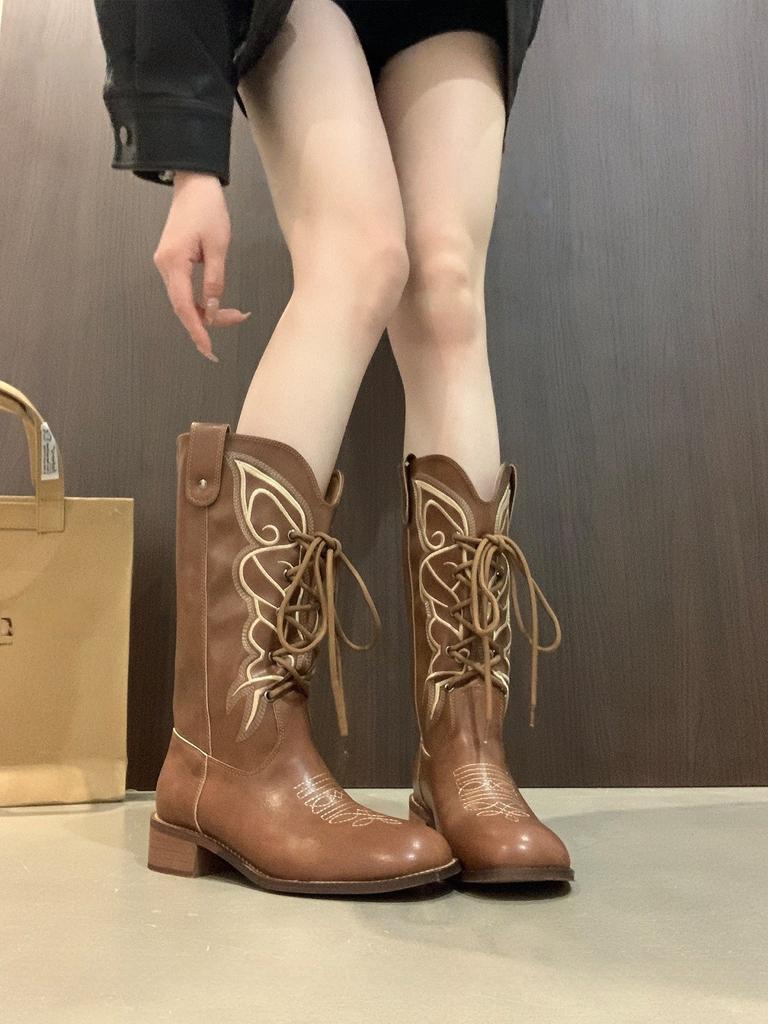 Coarse Heel Retro Knight Boots Western Cowboy Boots Women's Shoes Autumn and Winter 2025 New Cross-lace-up Martin Boots Long Boots