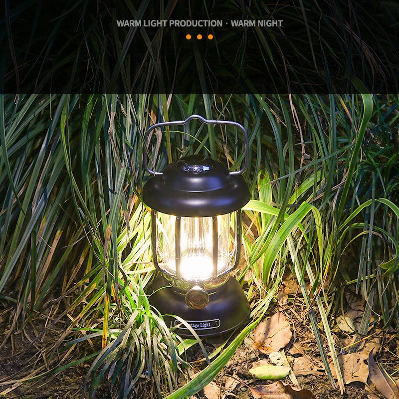 Outdoor Camping Lantern Retro Camping Lamp Multifunctional Warm Light Tent Light Rechargeable Portable Camp Light