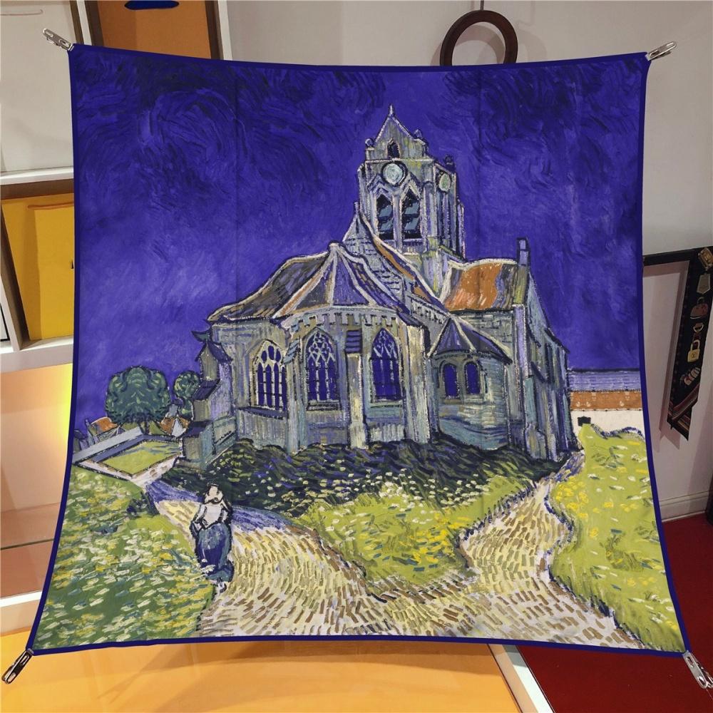 Silk Scarf Women Oil Painting Square Scarves Head Echarpes Silk Foulards Femme Wraps Beach Shawls Bandana Lady Hijabs 90CM