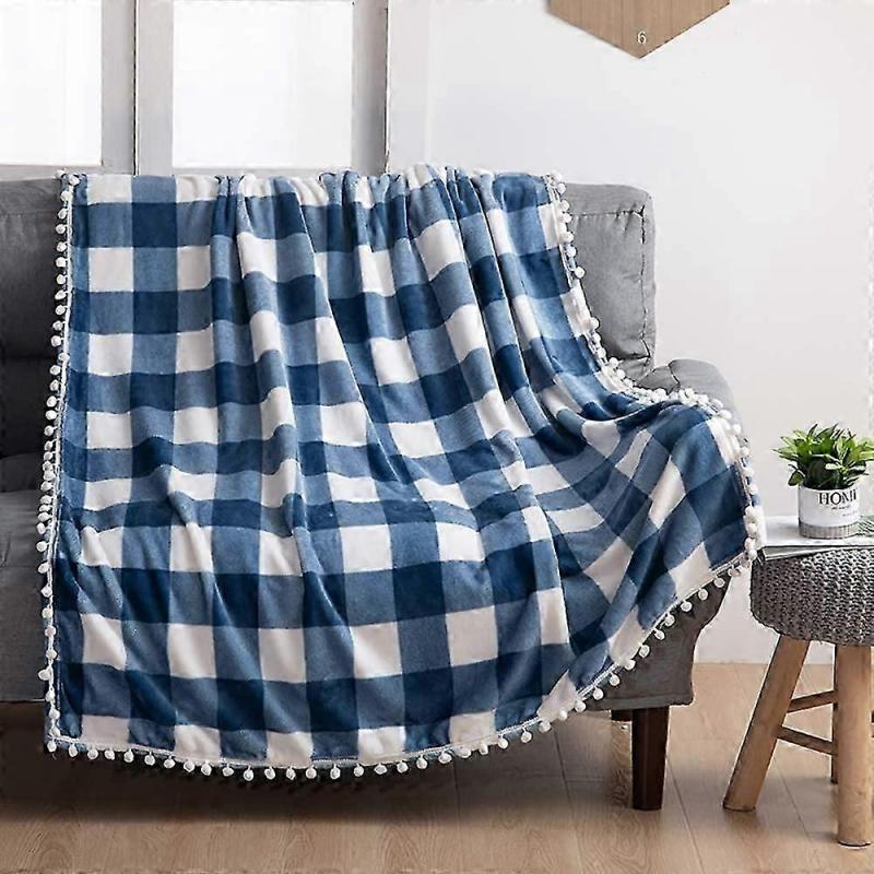 Fleece Blanket with Pompom Fringe, Blue and White Buffalo Plaid Flannel Throw for Sofa Bed(130x150cm)