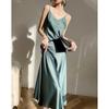 Demana Elegant Glossy Satin V-Neck Midi Slip Dress
