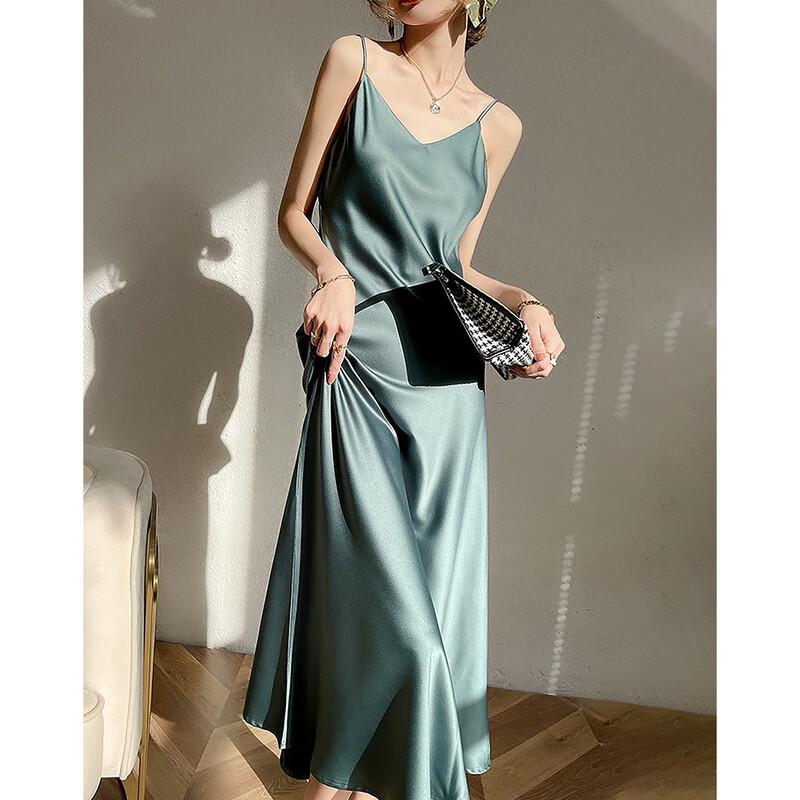 Demana Elegant Glossy Satin V-Neck Midi Slip Dress