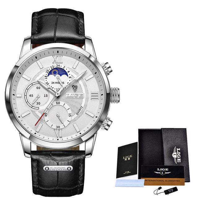 2021 LIGE Watches Mens Top Brand Luxury Clock Casual Leathe 24Hour Moon Phase Мужские часы Спортивные водонепроницаемые кварцевые хронографы + коробка