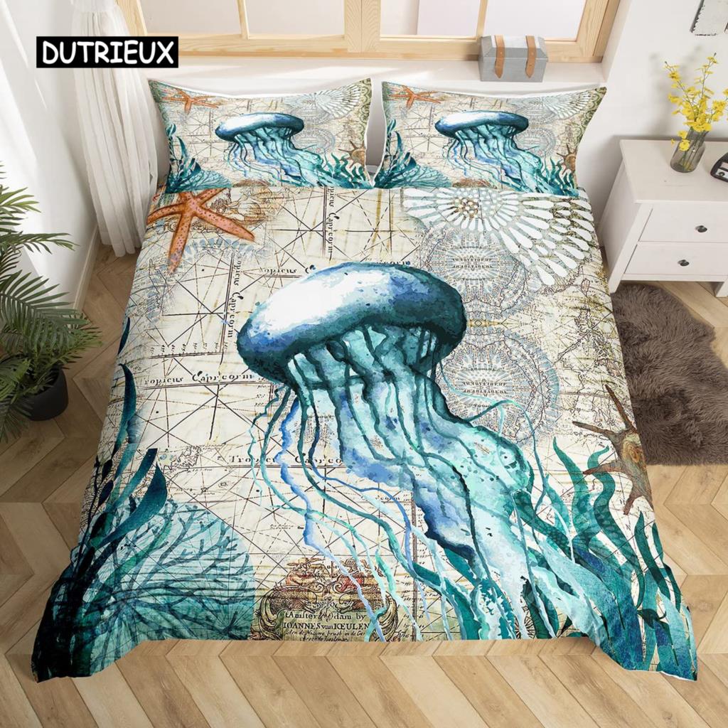 Пододеяльник с бирюзовым узором King Queen Ocean Spanish Mackerel Пододеяльник с изображением морского подводного мира Морская жизнь Комплект постельного белья из полиэстера