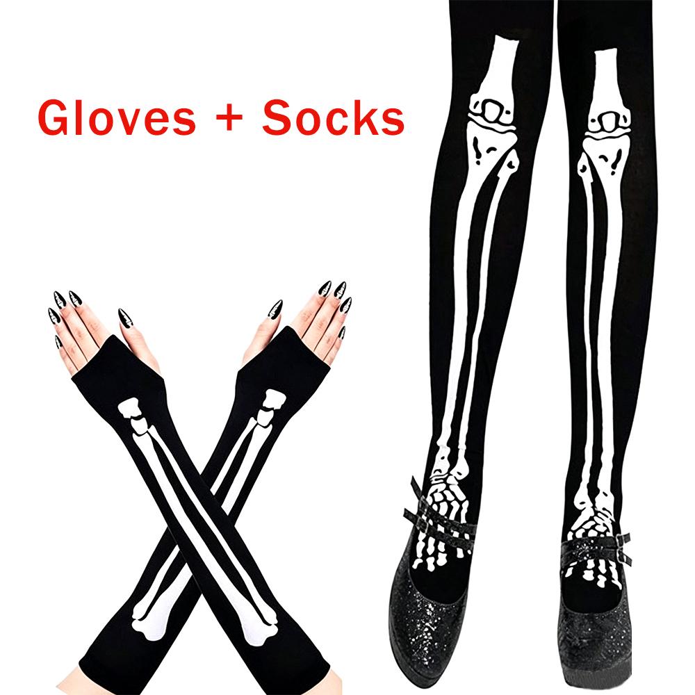 Ghost Festival Skeleton Costume Accessory Skeletal-print Knee-high Socks And Long Gloves Glow-in-the-dark Pattern Halloween Set