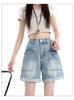Ge Di Jie's design sense: pockets with curled edges, high waist, loose fit, slimming A-line denim shorts, women's short stature, wide leg hot pants