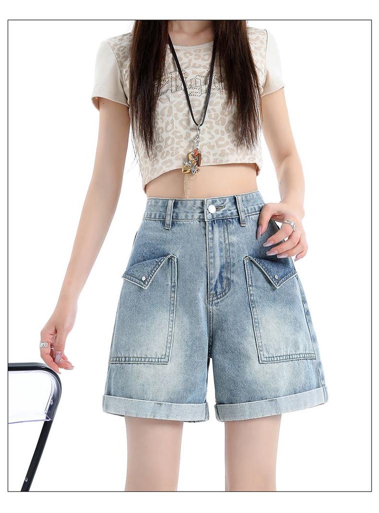 Ge Di Jie's design sense: pockets with curled edges, high waist, loose fit, slimming A-line denim shorts, women's short stature, wide leg hot pants