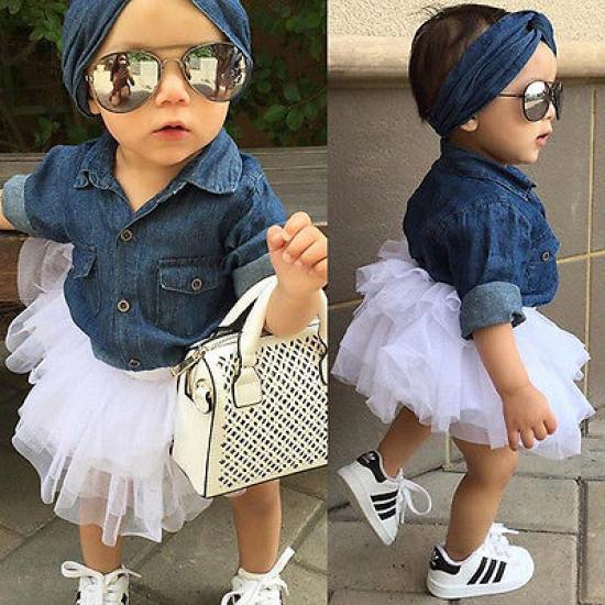 Kids Baby Girl Denim Shirt Clothes+Lace Tulle Skirts Dress Headband Outfits Set
