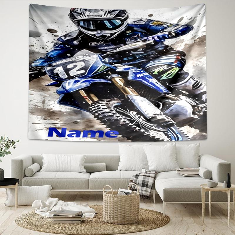 Custom Name off-road motorcycles Print Tapestry, Backdrop, Easy Setup, Ideal for Bedroom, Office & Living Room, with Aesthetic Wall Hanging Decor.