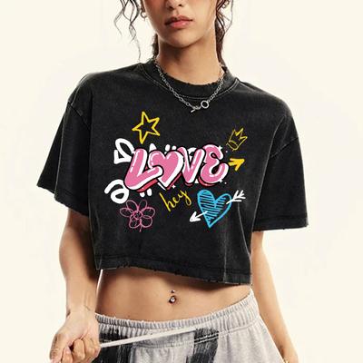 Мультяшный Принт Любовь Искусство Выстиранная Футболка Женская Мода Укороченные Выстиранные Футболки Хлопок Летние Топы Короткий Рукав Женская