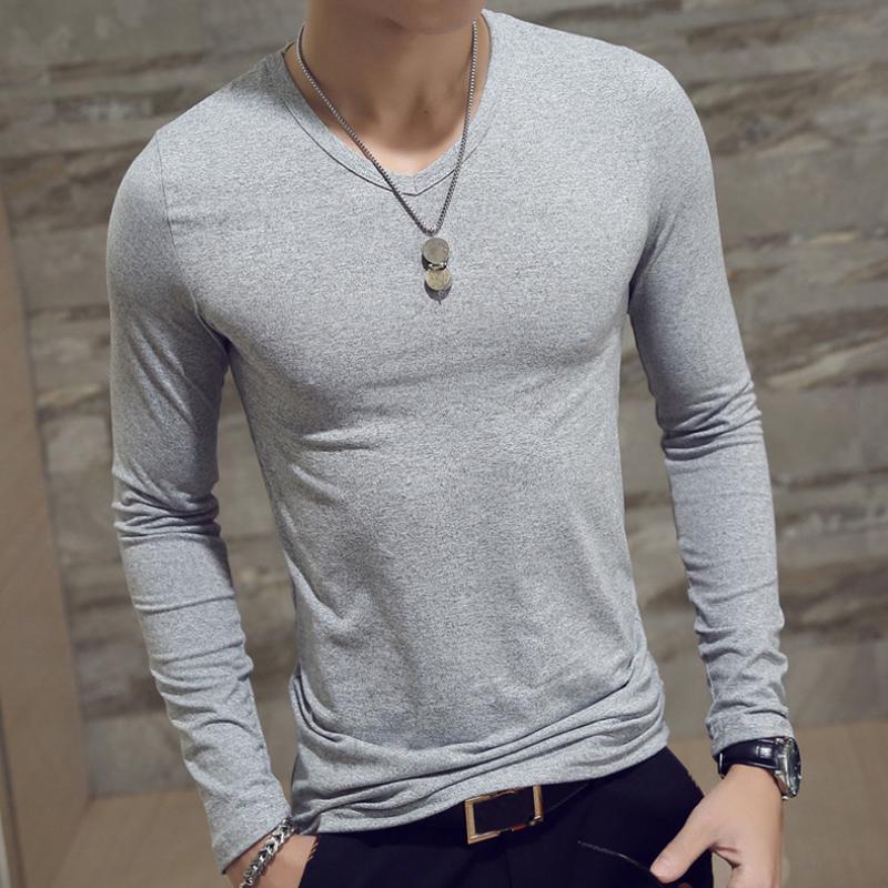 Fashionable Men Slim Fit T-shirt Long Sleeve Tops Pullover V-Neck Blouse Casual Fashion Tees