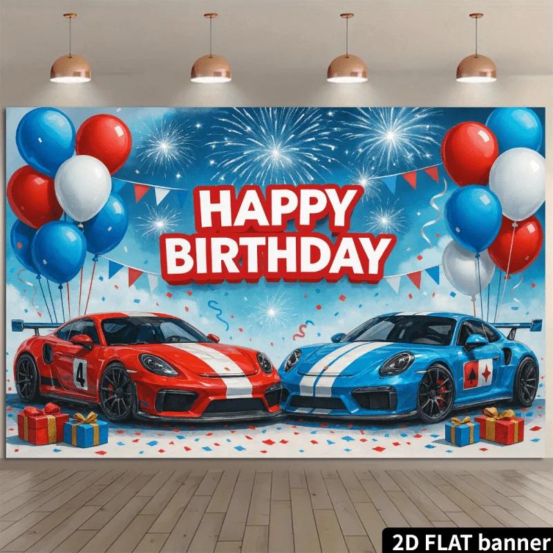 2D 2D Plane Dynamic Racing Style Birthday Background Decorative Cloth - Birthday words paired with red and blueDJH