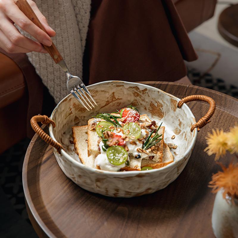 Мэдж Ностальгическая Ручная Работа Грубая Керамика Пеньковая Веревка Двуручная Чаша Ретро Глубокая Тарелка Новоселье Новый Дом Чаша Фруктовая Чаша Экспорт