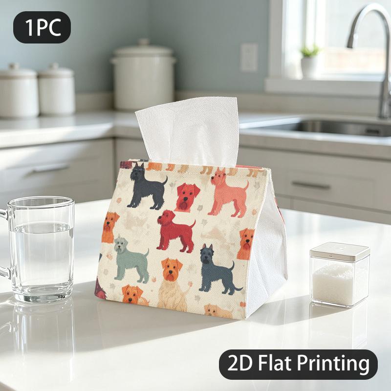 1pc Tissue Box, Flat Art Terrier Dogs Warm Vibe Pattern, 2D Flat Printing, Made From Tough Polyester, Built to Last, Tissue Holder, for The Dining Tab