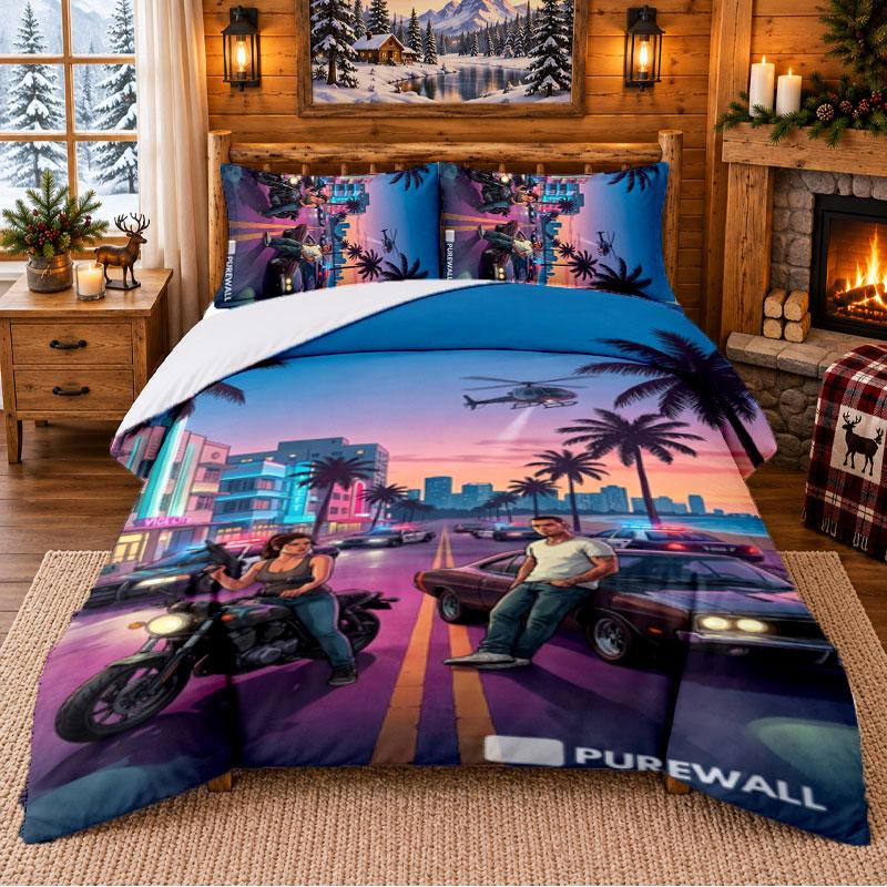 GTA Pattern Bedding 3Pcs Set Bed Sheet And Pillowcases For Indoor Bedroom