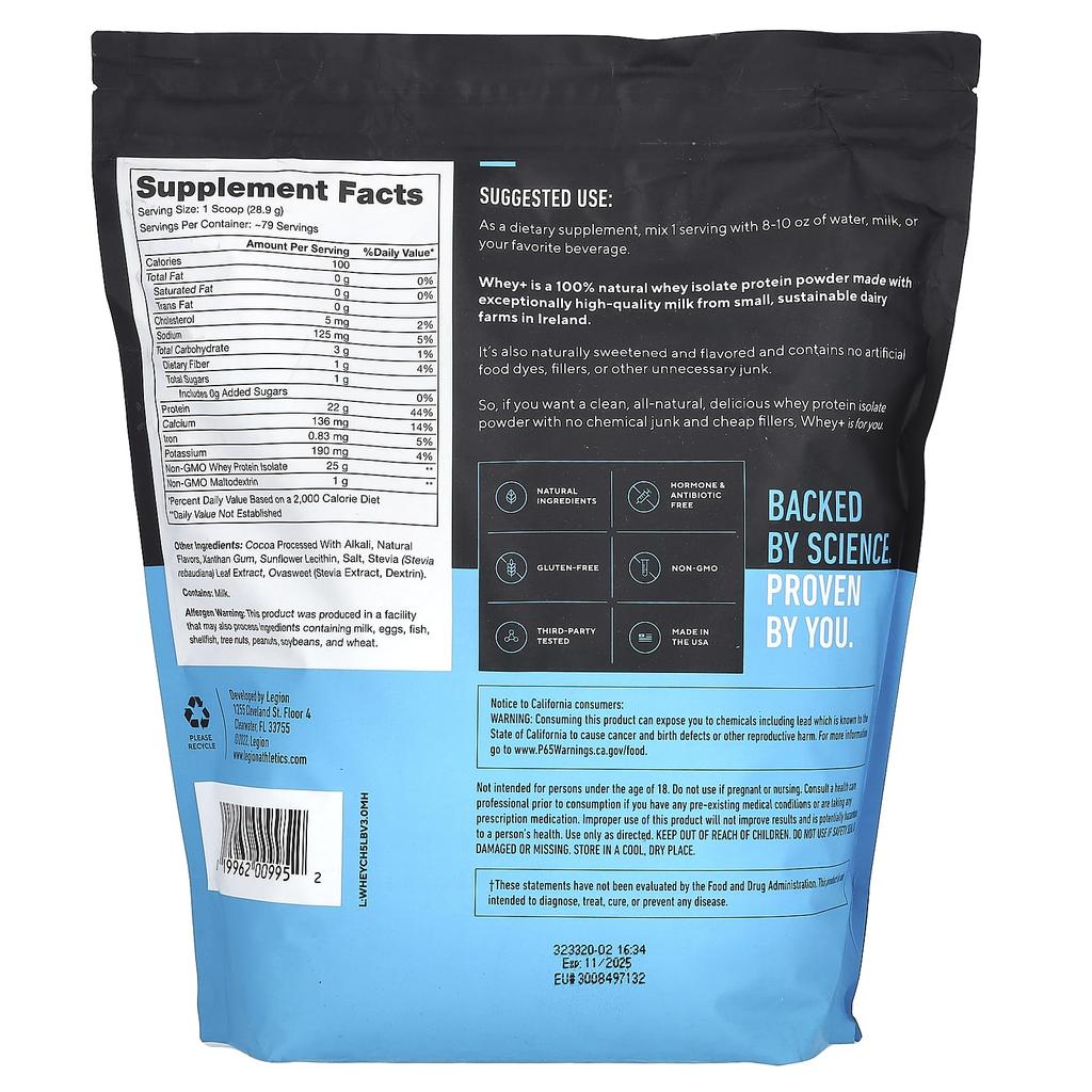 Legion Athletics Whey+, Whey Protein Powder, Dutch Chocolate, 5 Lbs (2,267.96 G)