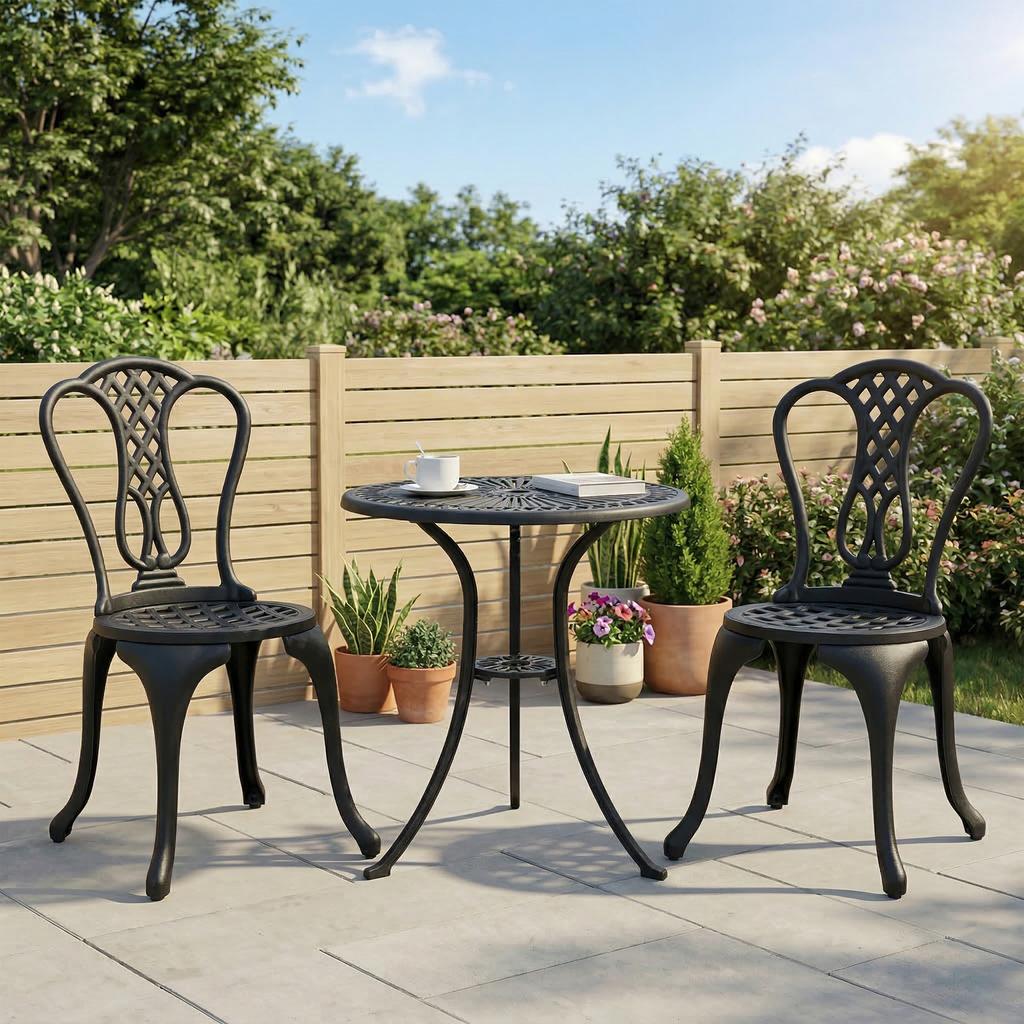 3 Piece Patio Cast Aluminium Bistro Set Garden Outdoor Furniture Table and Chairs Shabby Chic Style