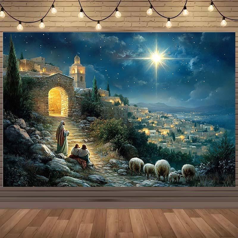 Bible Birth scene photography background fabric shepherd and town polyester suitable for Christmas and birthday parties