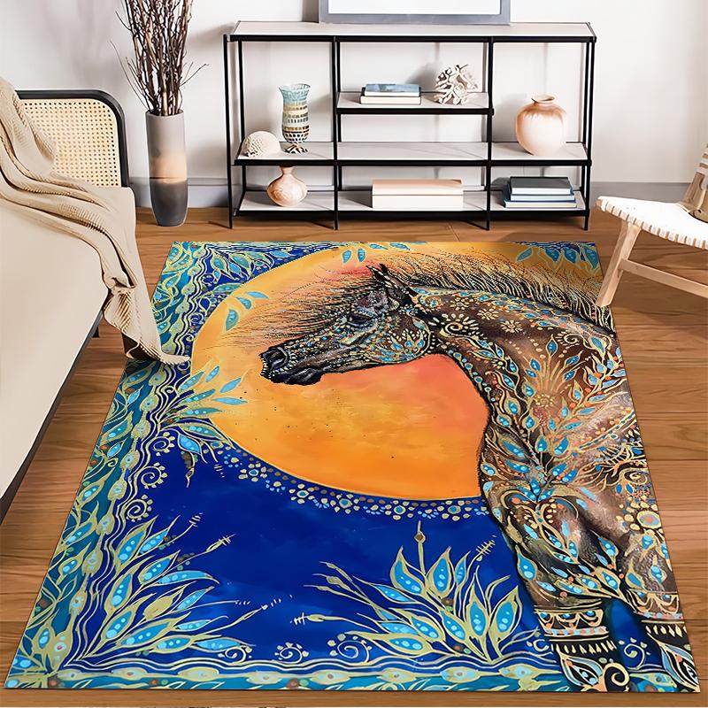 Abstract Horse Pattern Carpet with Colorful Sun and Blue Border Design Suitable for use as an anti-slip for living room bedroom sofas