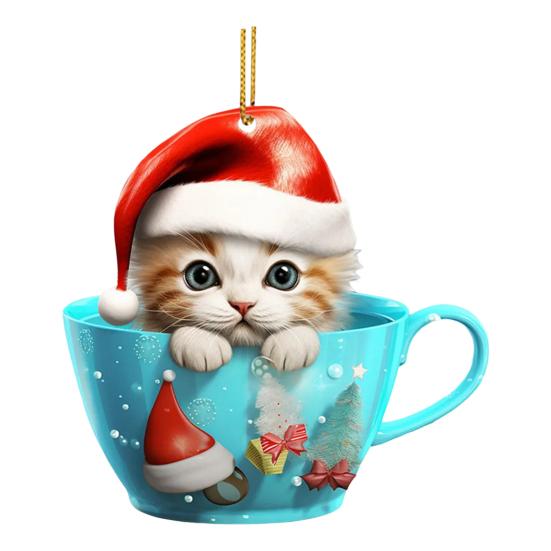 Christmas Pendant 2D Acrylic Cat Sitting Mug Charm Hanging Decor with Lanyard Holiday Party Decoration