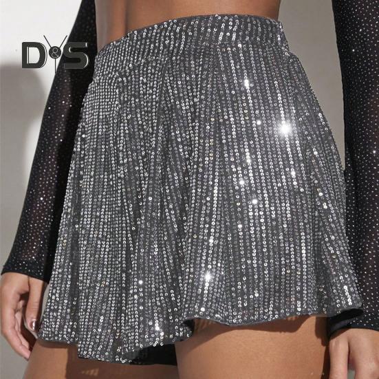 Женские шорты с пайетками, эластичные, с высокой талией, свободные, А-силуэта, однотонные, ультракороткие, выше колена, для выступлений, танцевальные шорты