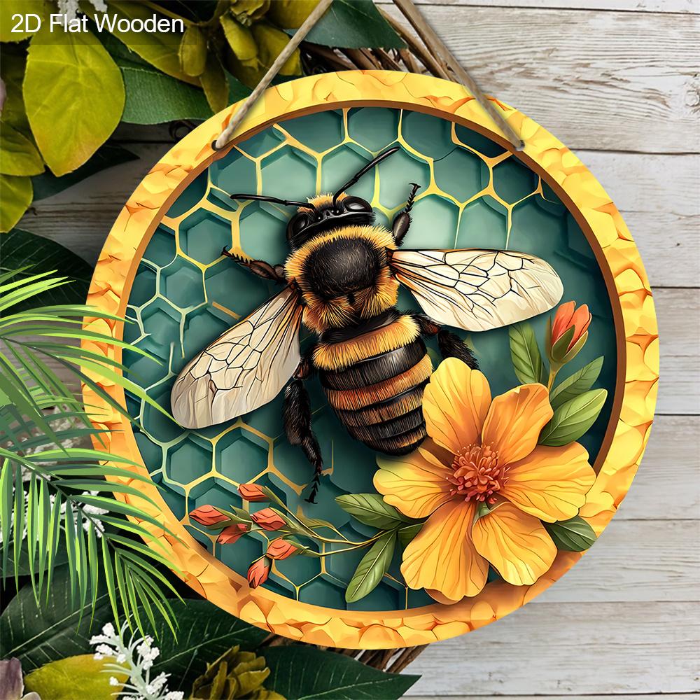 Деревянная табличка в деревенском стиле с очаровательным пчелиным узором - Круглое украшение для входной двери, Настенный декор - Идеальный домашний подвесной декор