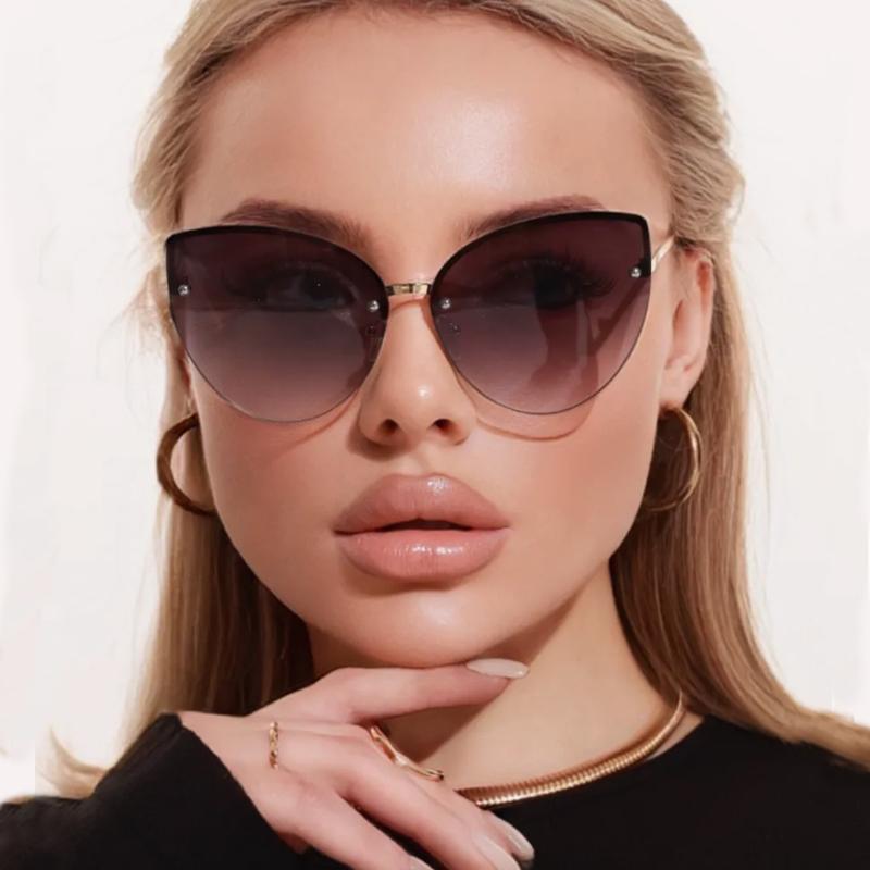 2pcs Frameless Large Cat Eye Sunglasses Gradient Lens Sun Glasses Trendy Metal Frame Eyeglasses Women Shades Men UV400