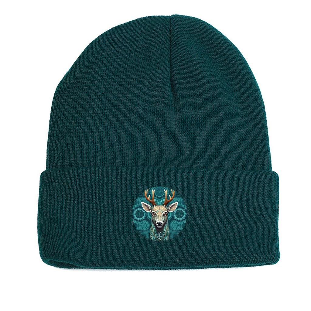 Mystery Elk Print Knit Hat Beanie, Green Animal Skull Cap Cozy Lightweight Unisex Pompom Beanies Knitted Cap Beanie