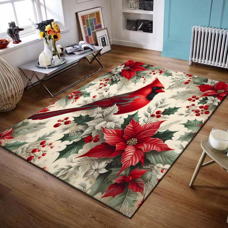 Red Cardinal Among Festive Holly and Poinsettias Non-slip rug suitable for living room and bedroom sofas