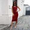 Women Solid Elastic Rib Knitted Dress Pit Stripe Pile Neck Backless Pleated Drawstring Spaghetti Dresses