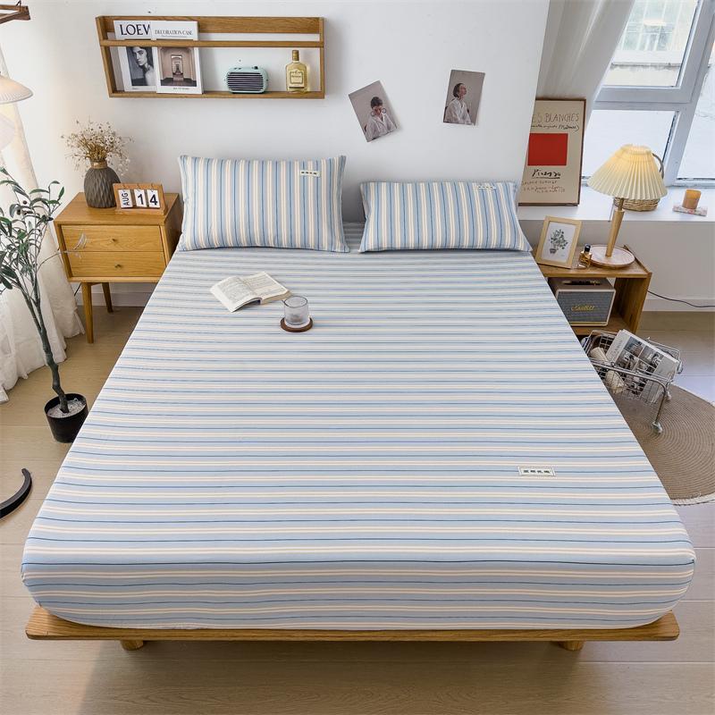 3Pcs Simple Lines Fitted Sheet Set Pure Cotton Bedding Set Soft Home Mattress Protector Cover with Pillowcases Bedroom Decor