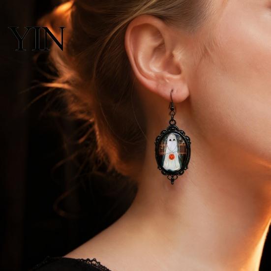 Handmade Crystal Glue Earrings Gothic Ghost Earrings, Vintage Style Matte Black Alloy Dangle Decorative Commemorative Jewelry Halloween for