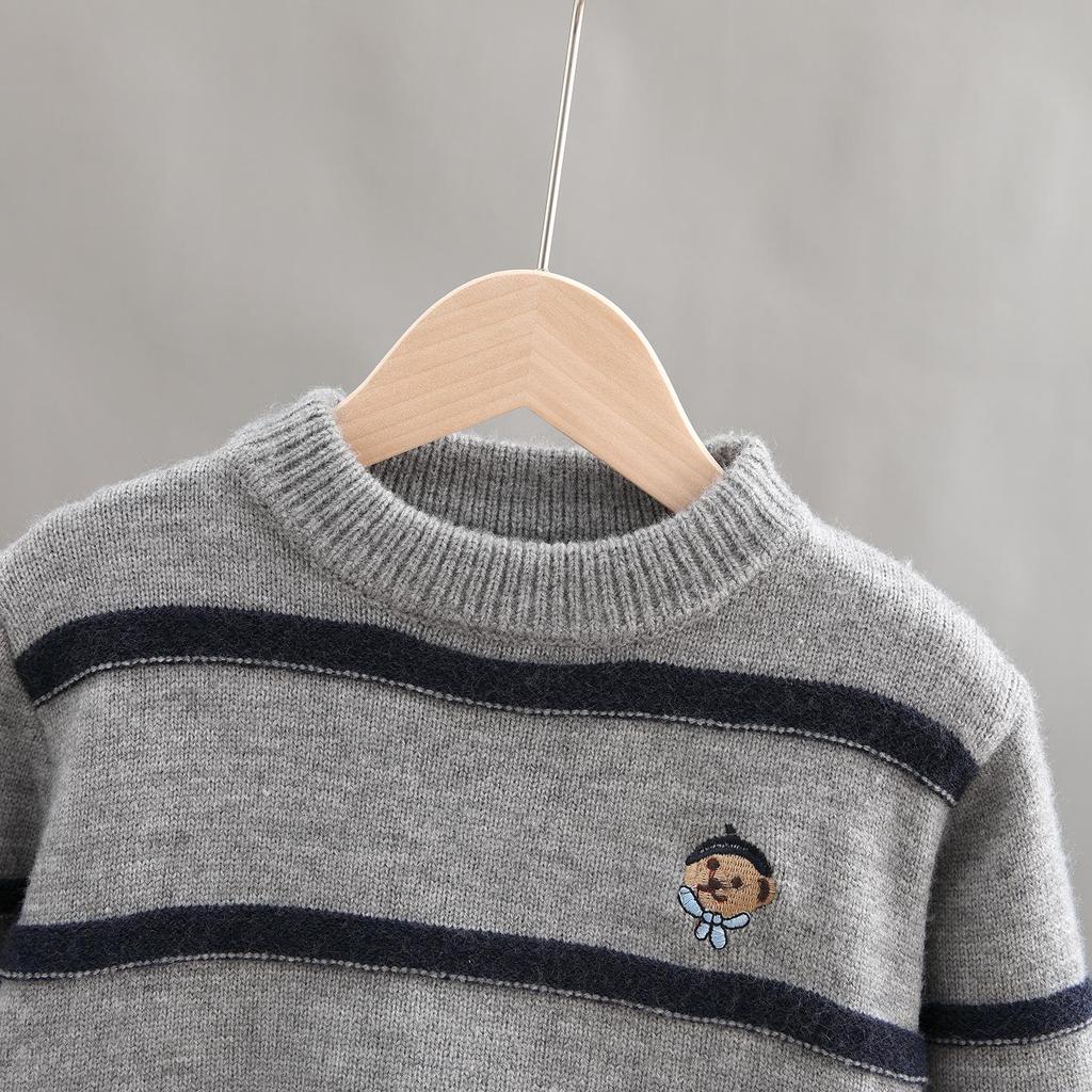 Boys' Striped Wool Crew Neck Sweater - Thick, Warm & Stylish for Autumn/Winter