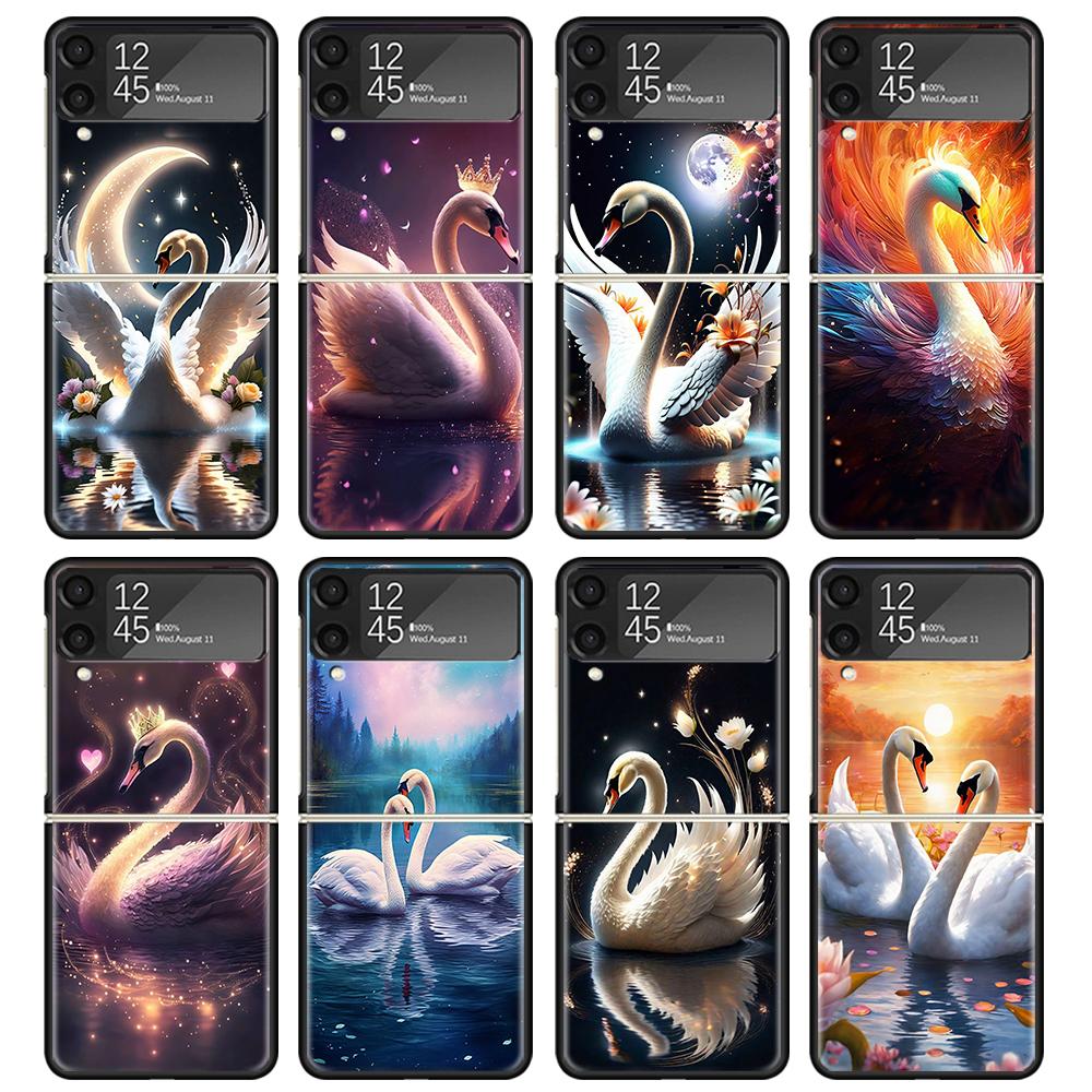 Черный Чехол Белый Лебедь Грация Искусство для Samsung ZFlip7 ZFlip6 ZFlip5 ZFlip4 ZFlip3 5G Жесткий Защитный Galaxy Z Flip 3 4 5 6 7