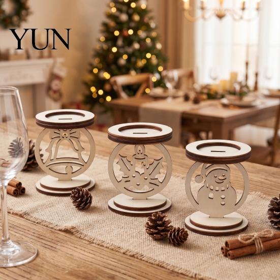 Rustic Christmas Candle Base 3Pcs Wooden Holder, Detachable Tealight Stand with Hollow Festive Living Room Accents Carved Snowman/Bell/Candle