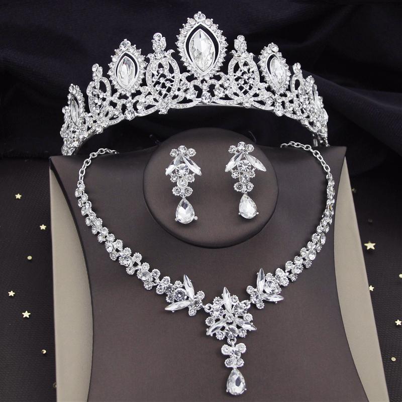 Королевские королевские хрустальные свадебные комплекты ювелирных изделий для женщин тиара серьги ожерелье свадебное платье выпускной корона невесты Дубайские комплекты ювелирных изделий
