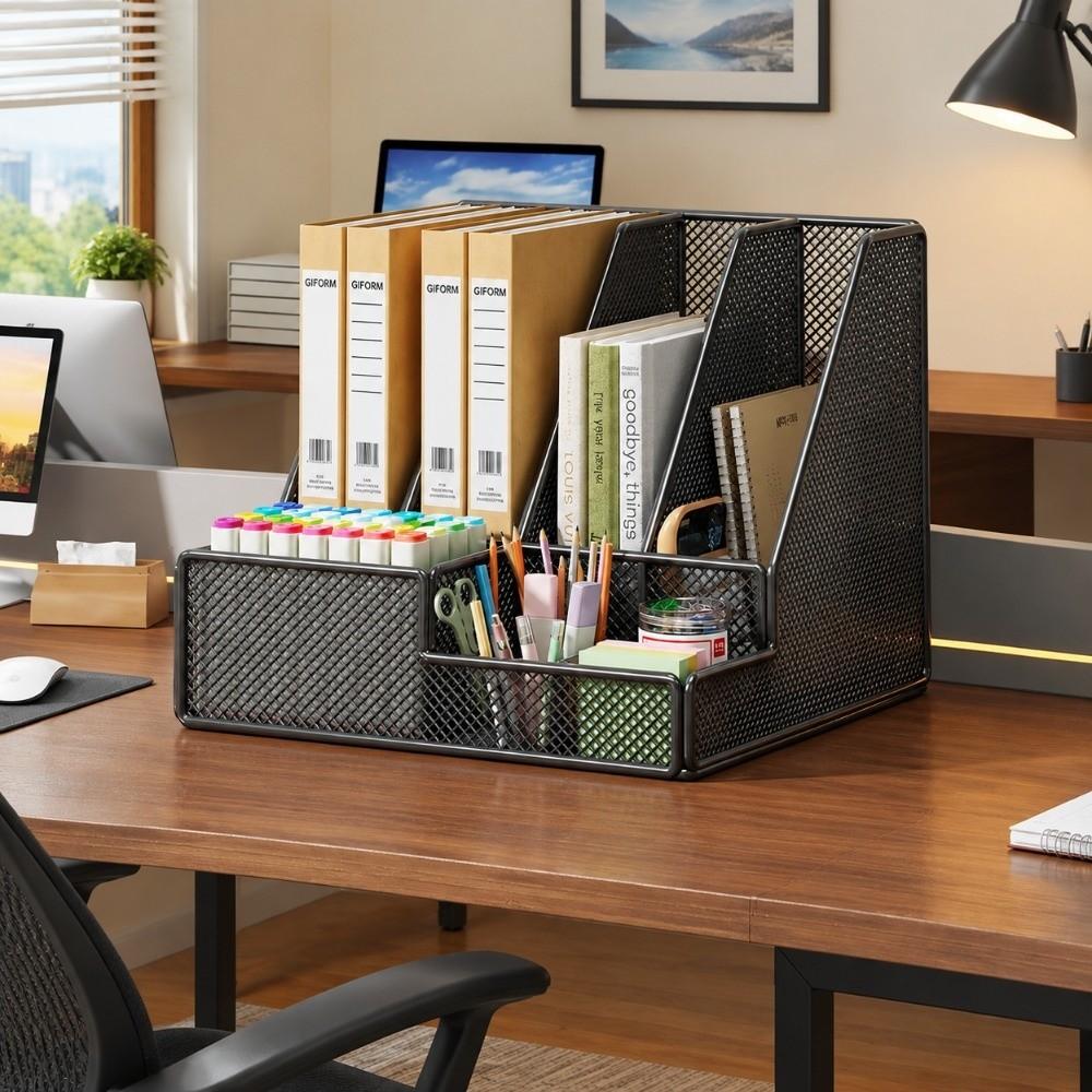 3 Or 4 Slot Metal Desktop File Folder with Pen Holder Desktop Book Rack  Desk Organization