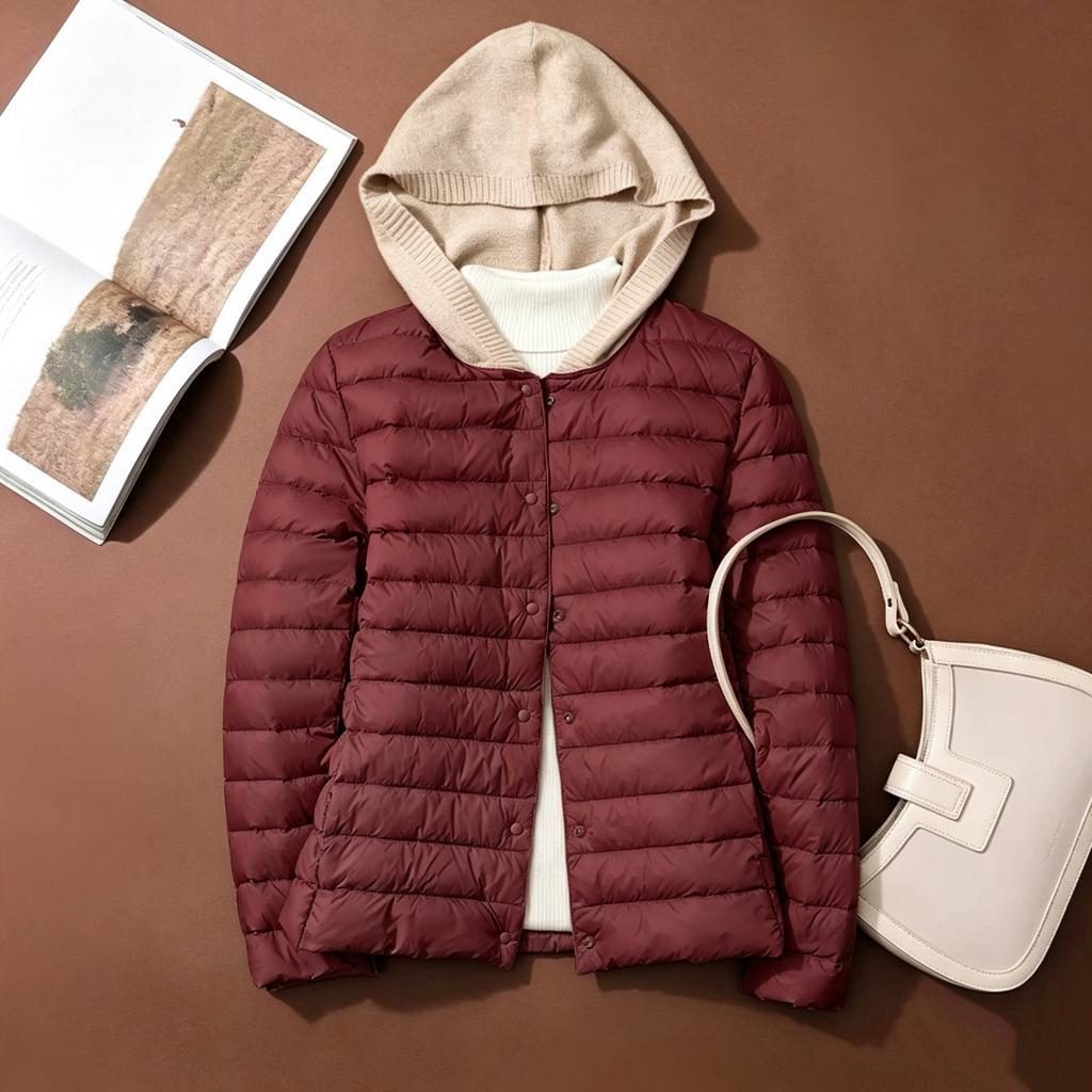 Light and thin hooded down jacket women's short white duck down with coat, light and fashionable, slim, collarless liner