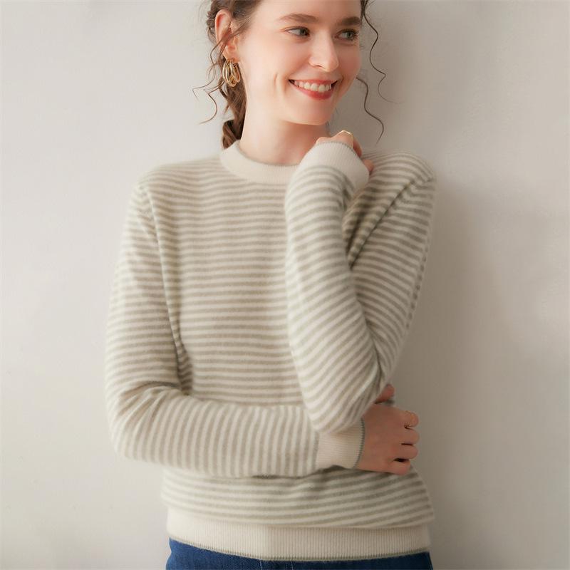 Women's Cashmere Striped Round Neck Sweater - 2026 Autumn/Winter Collection, Loose Fit, Gentle Style, Slimming, Warm Base Layer