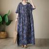 Summer Thin Cotton Linen Round Neck Blue Print Simple Medium Long Dress for Women Casual Dresses