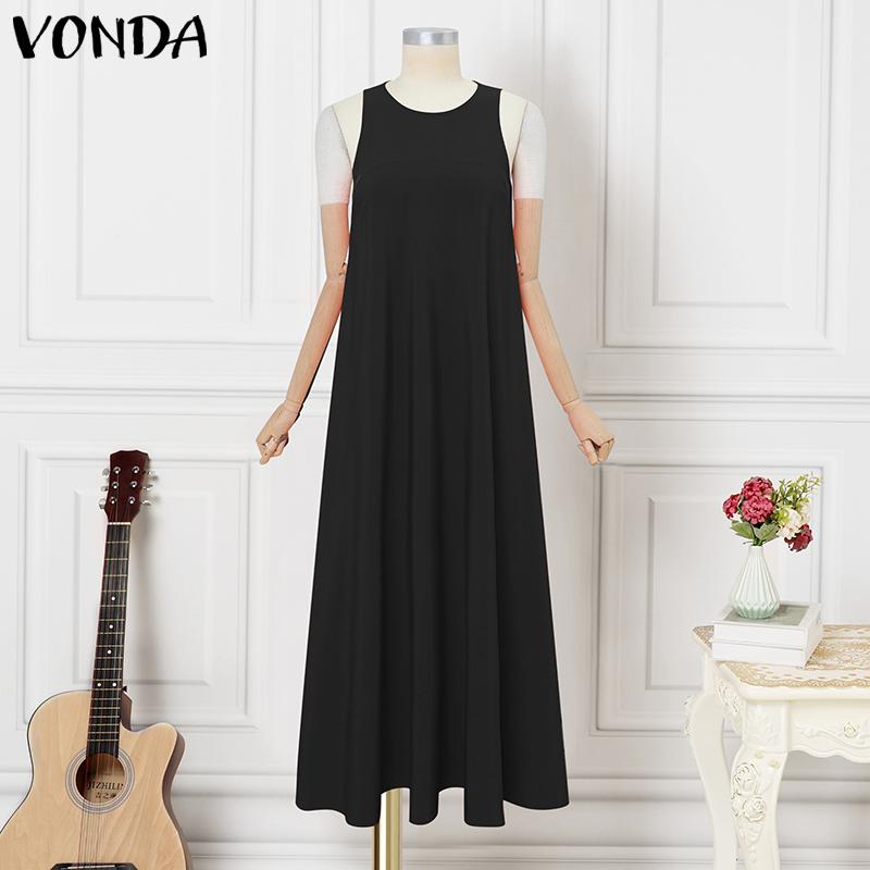 VONDA Летнее женское платье с круглым вырезом, без рукавов, однотонное, праздничное, пляжное, длинное, плиссированное
