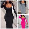 Women Dresses Long Sleeve Sheath Square Collar Slim Fit Dress Vestidos Slight Strech Streetwear Solid Sexy Wrap Buttocks