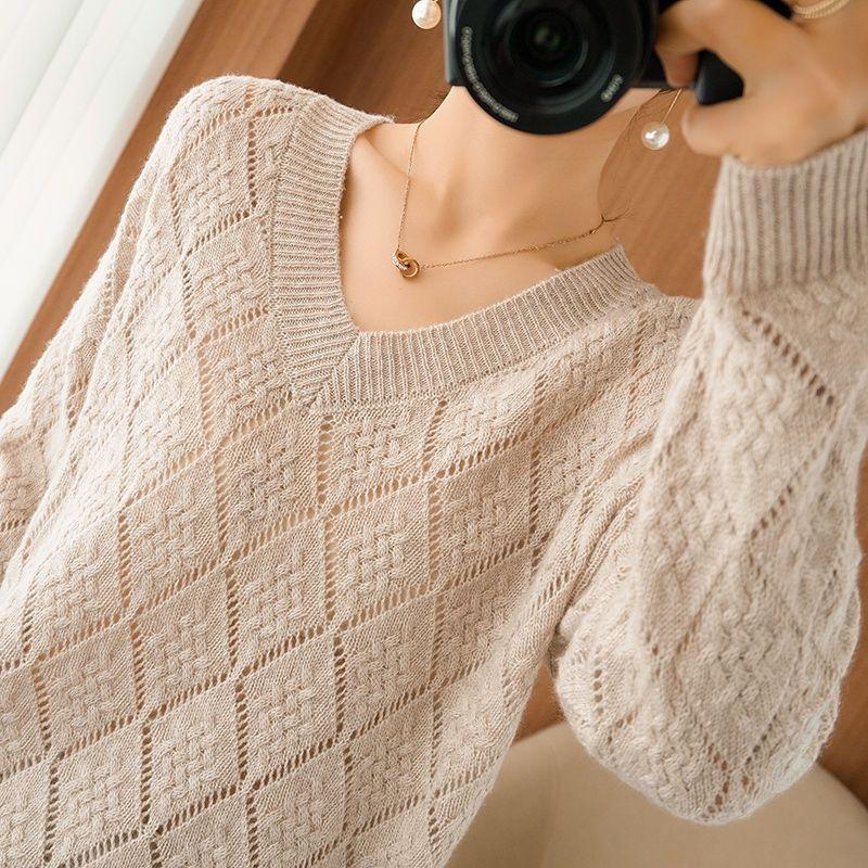 Вязаный свитер с V-образным вырезом и универсальной выемкой и свободной ромбовидной фактурой, женский базовый свитер для осени и зимы