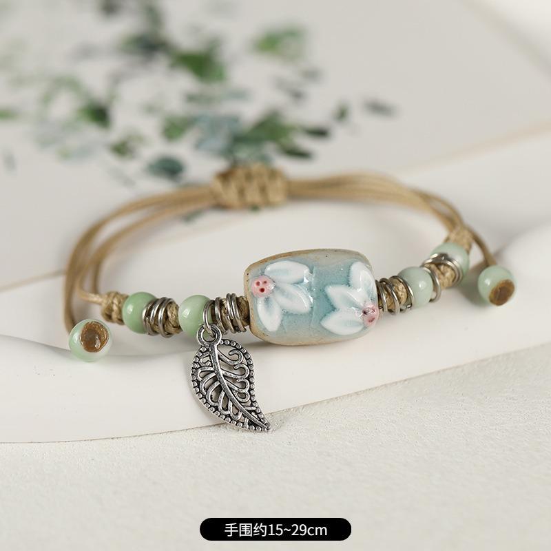 Retro Ceramic Flower Woven Bracelet Niche Literary Hand Rope Small Fresh Bell Bracelet Female
