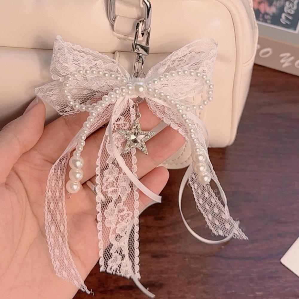 Hollow Pendant Keychain Red Ribbon Cherry Pendant Fashionable Lace Bow Keychain Holiday Gift