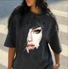 Abstract Colorful Face Art Oversized T-Shirt, Washed Polyester Casual Tee, Vibrant Woman Face Graphic Top for Art Lovers