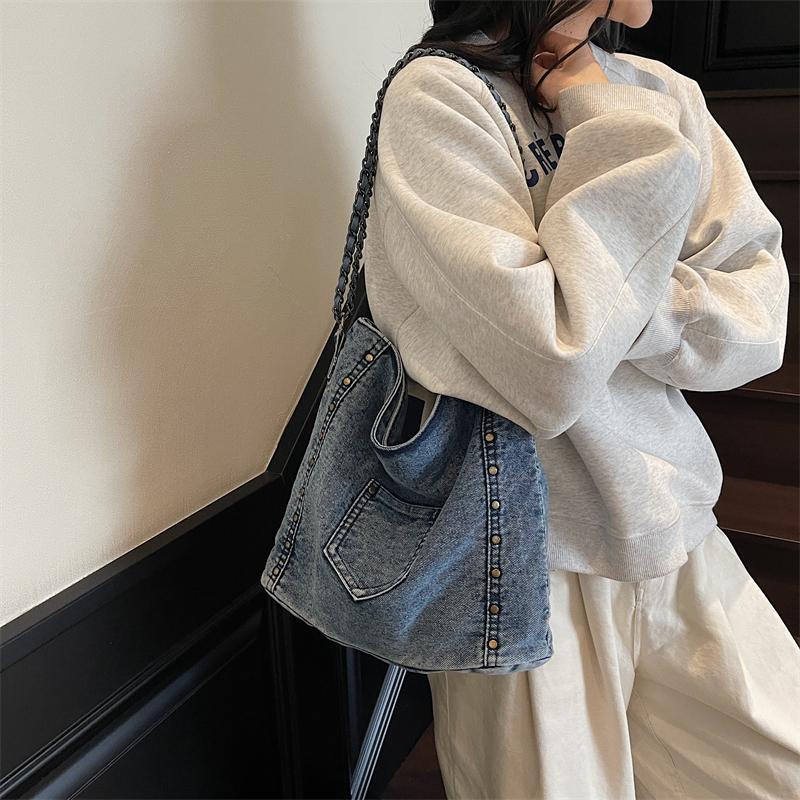 Винтажная джинсовая сумка-тоут, большая вместительная сумка через плечо, женская сумка через плечо с цепочкой