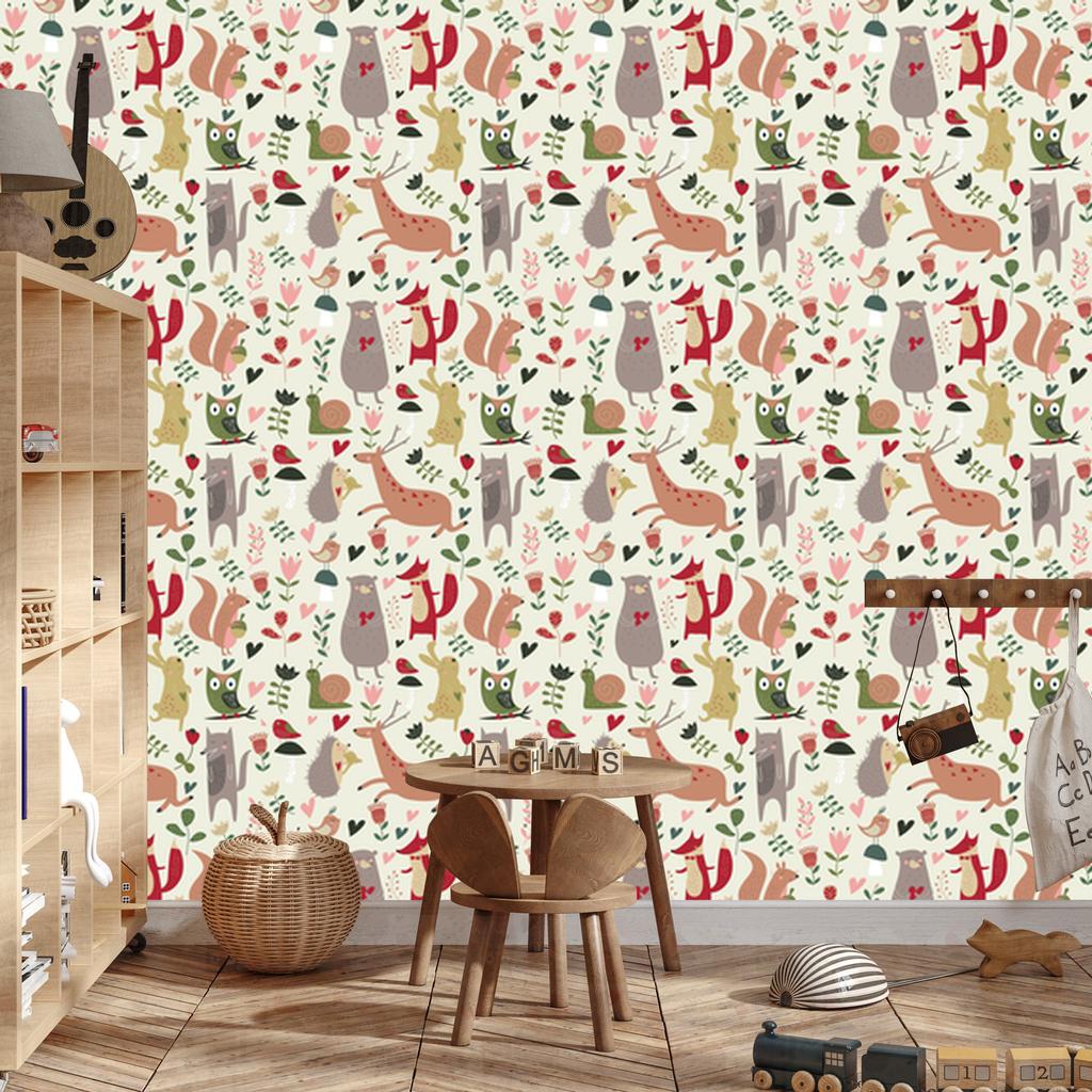 Forest animals and hearts wallpaper for living room and bedroom 50x1000