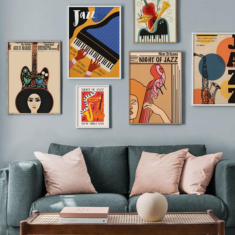 Frameless Jazz Festival Guitar Cello Piano Music Wall Art Canvas Painting Nordic Posters and Prints Wall Pictures for Living Roo
