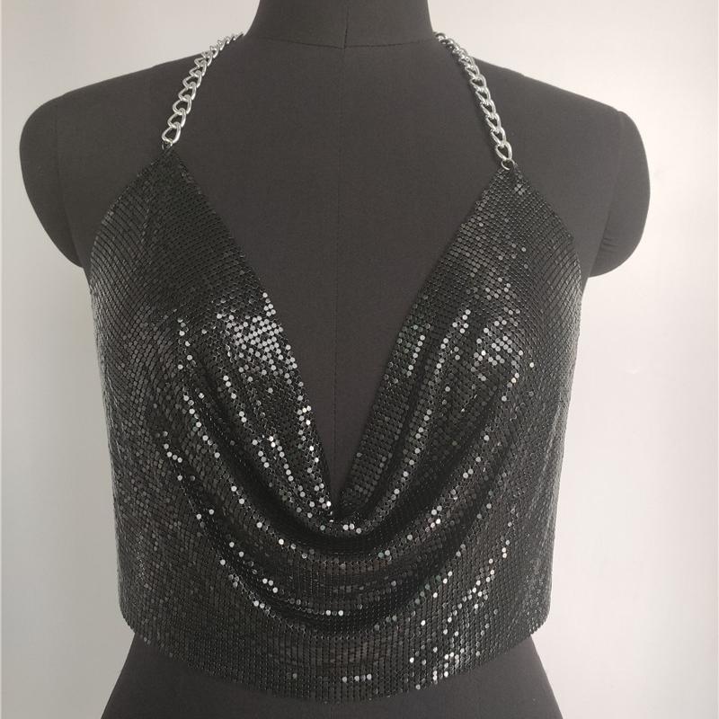 Shining Sequins, Bright Diamonds, Nightclub Style, Sexy, Metal Chain, Neck Hanging V-neck, Backless Top, Tank Top, Sexy Look